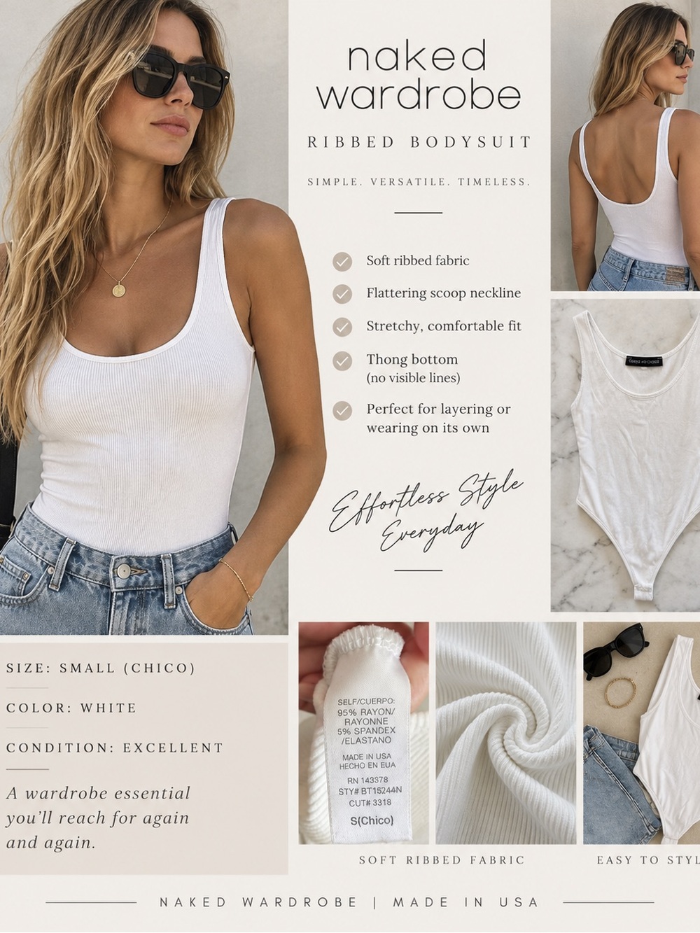 chic White Ribbed Scoop Neck Bodysuit